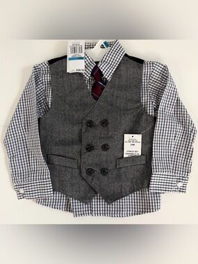 Nautica Gray Herringbone Vest Set w/ Burgundy & Blue Striped Clip-On Tie 24M NWT